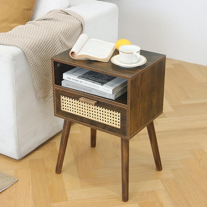 MaxSmeo Mid Century Nightstand, Rattan Side Table - Image 6
