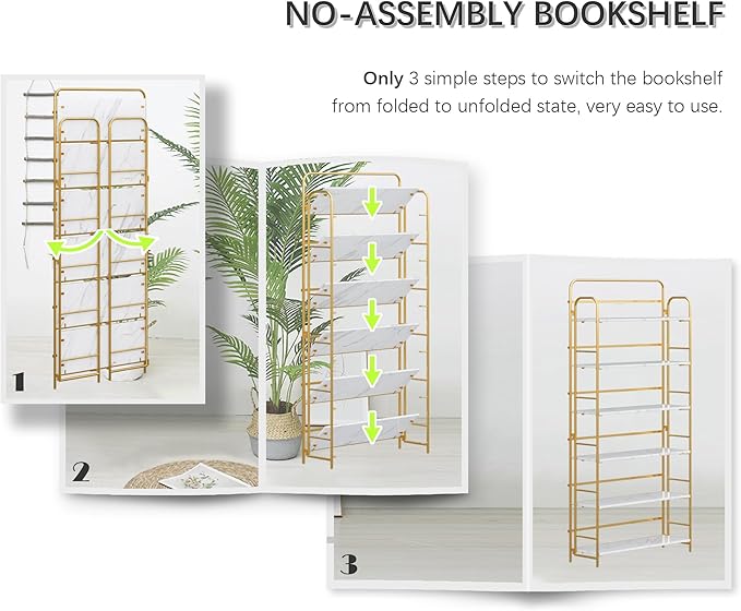 4NM No Assembly Folding Bookshelf 6 Tiers Vintage Industrial Gold Book Shelf - Image 6