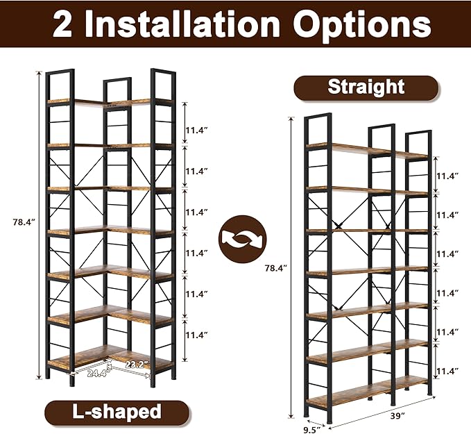 7-Tier Corner Bookshelf, Reversible Wooden Shelves, Industrial Bookcase - Image 2