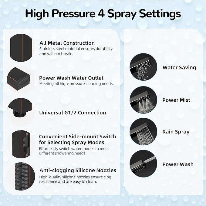 Hibbent All Metal 8'' Rainfall Shower Head, Shower Head Combo, High Pressure - Image 3