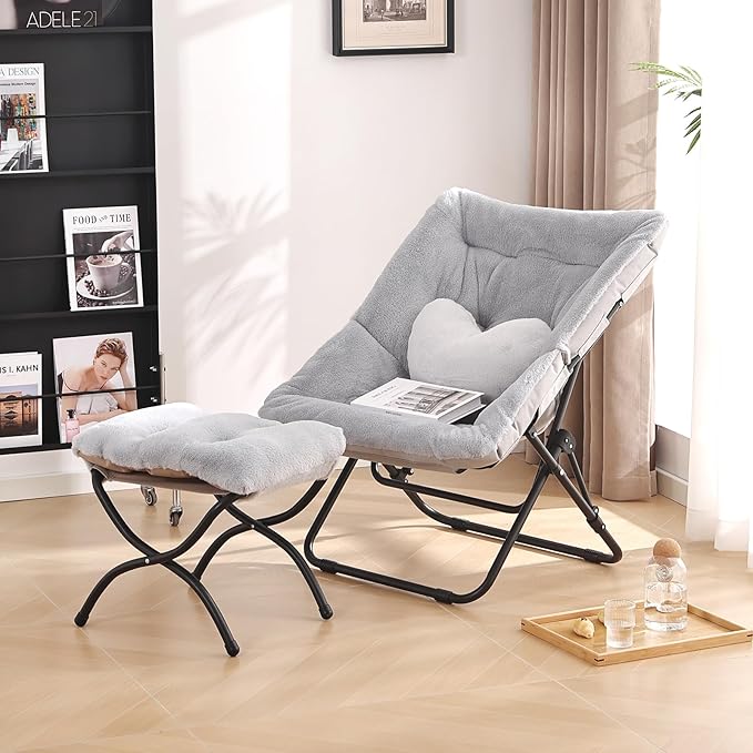 Comfy Saucer Chair with Ottoman, Oversized Folding Faux Fur Chair Soft Furry - Image 7