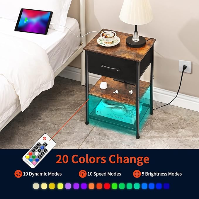 Nightstands Set of 2 with Charging Station and Drawer, End Table Side Table - Image 6