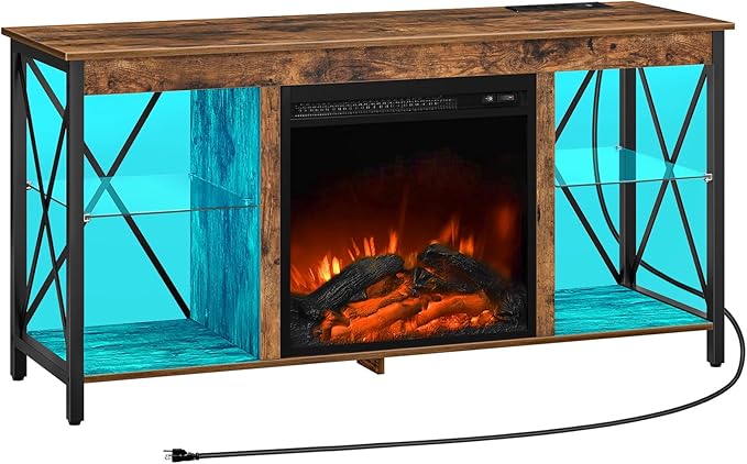 HOOBRO Fireplace TV Stand with Charging Station and LED Lights, TV Stand with - Image 8