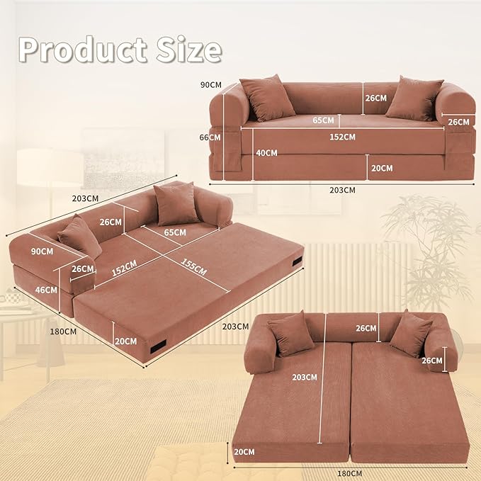 80" Convertible Sofa Bed, Corduroy Deep Seat Folding Pull Out Couch - Image 3