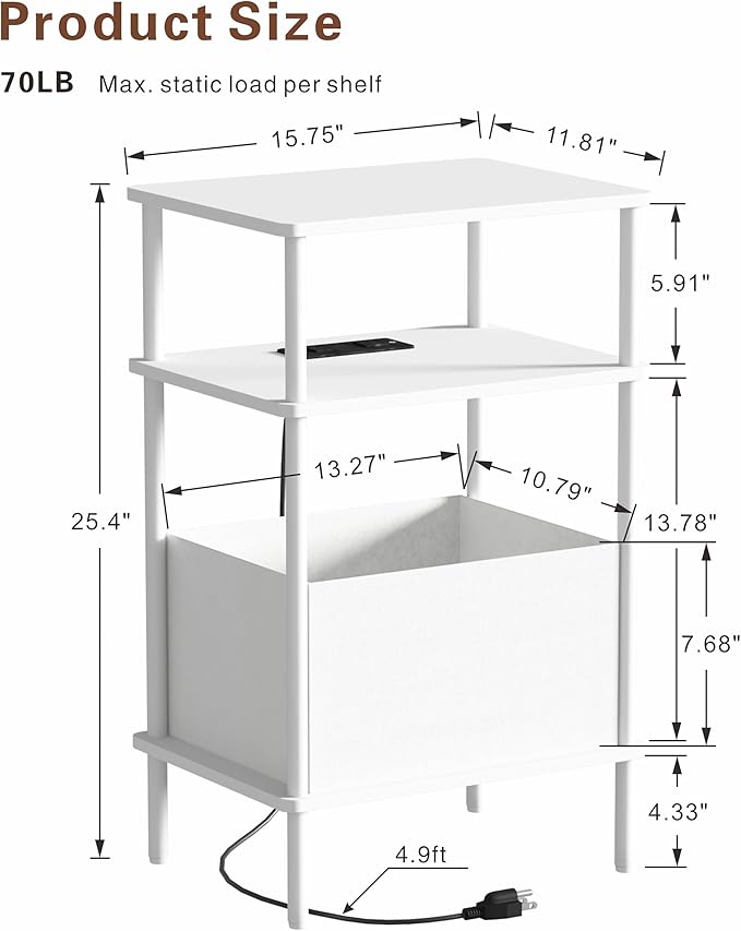 Small Side Table with Charging Station, Slim Nightstand with Outlet, Sofa - Image 3
