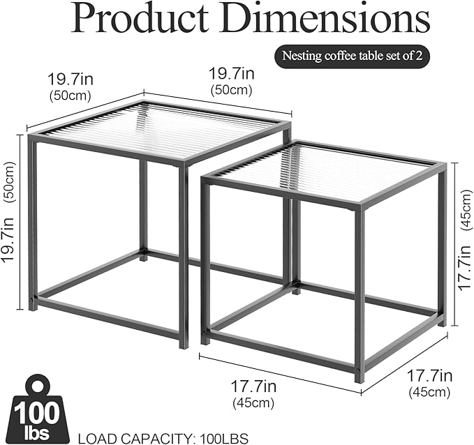 VILAWLENCE Coffee Table Set of 2, Modern Black Patterned Glass Side Table - Image 2