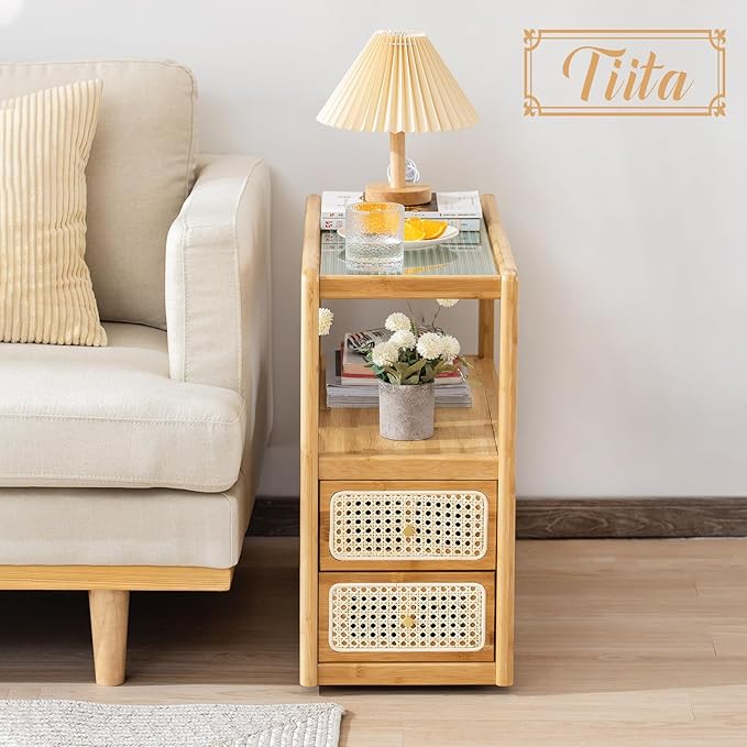 Tiita Rattan Nightstand Side Table, Bamboo Accent Bedside Tables, Glass Coffee - Image 5