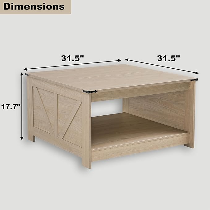 Farmhouse Coffee Table for Living Room, Wood Square Coffee Tables, 31.5" D x - Image 2