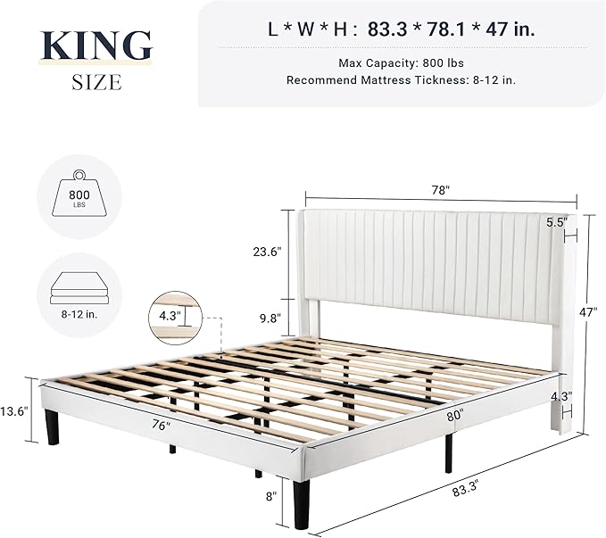 Allewie King Size Velvet Bed Frame/Vertical Channel Tufted Wingback - Image 2