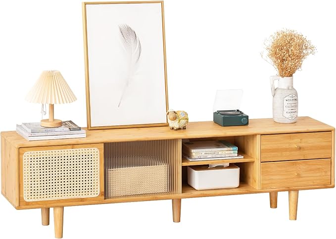 Tiita Rattan TV Stand for 55 60 Inch TV, Bamboo TV Cabinet by TiitaHome