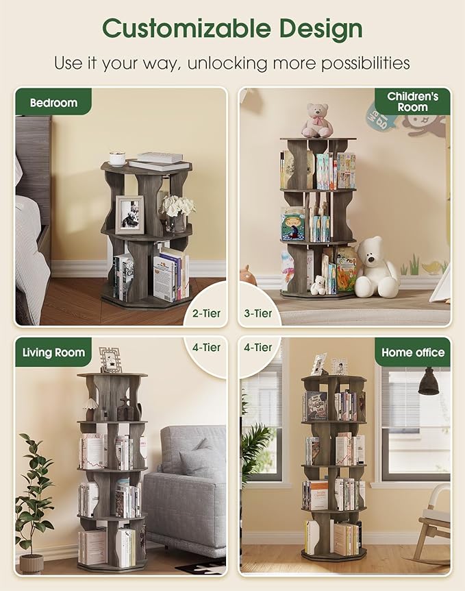 4 Tier Rotating Bookshelf, Spinning Bookshelf Tower Lazy Susan, Corner - Image 5