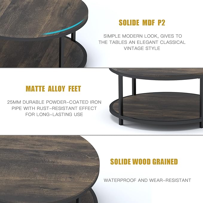NSdirect 36 inches Round Coffee Table, Rustic Wooden Surface Top & Sturdy Metal - Image 7