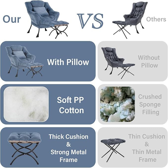 Lazy Chair with Ottoman, Comfy Reading Lounge Chair with Footstool & Throw - Image 7