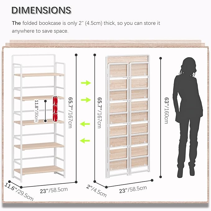 4NM No-Assembly 5 Tiers Folding Bookshelf Storage Shelves Vintage Bookcase - Image 2