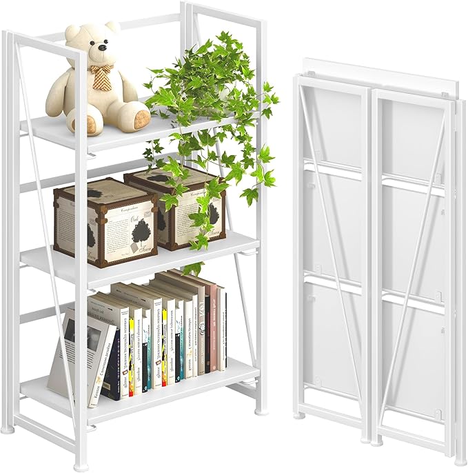 4NM No-Assembly Folding Bookshelf Storage Shelves 3 Tiers Vintage Bookcase by 4NM