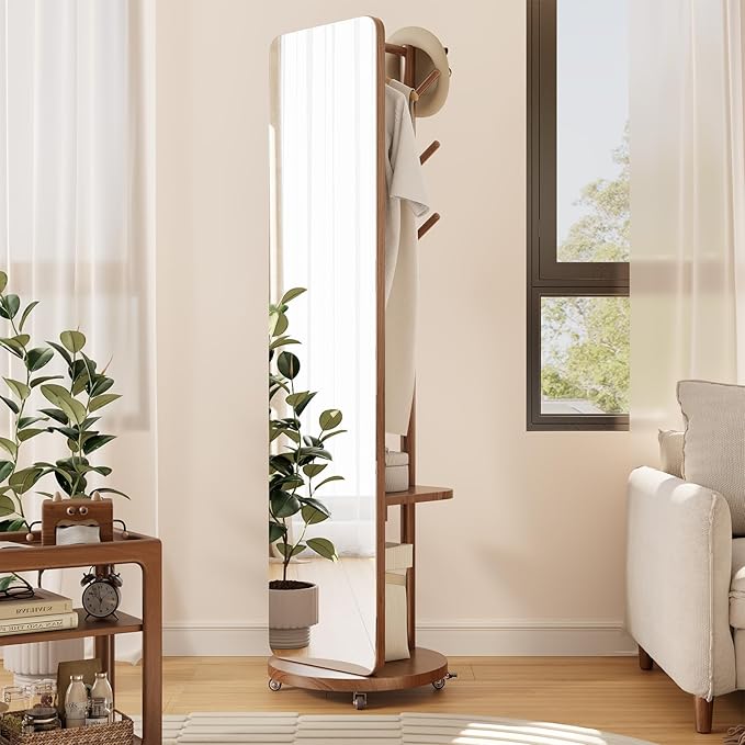 70"x16"Full Length Mirror with Stand, Coat Rack with Mirror, Solid Wood Floor - Image 9