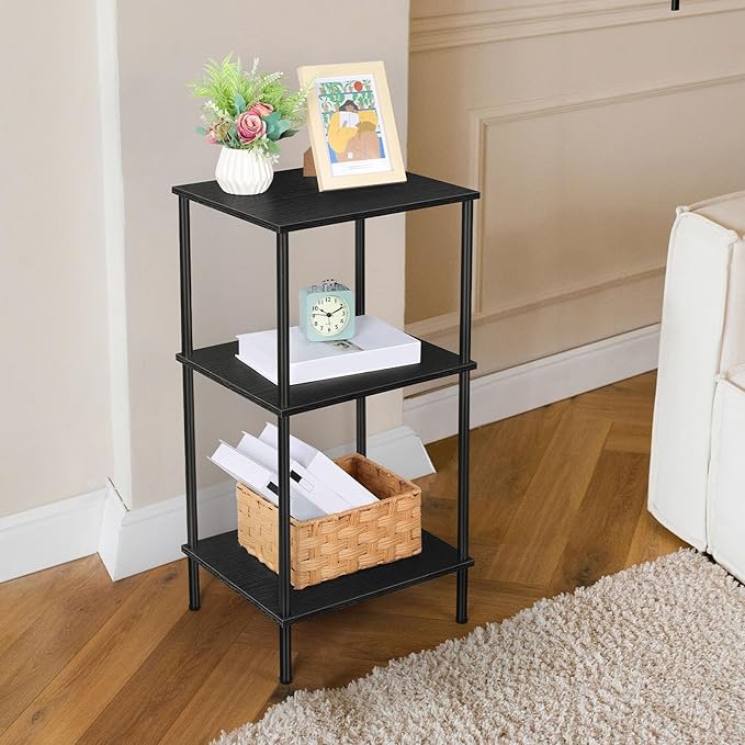 Tall Side Table with Storage 3 Tier Black End Table Metal Storage Shelves - Image 2