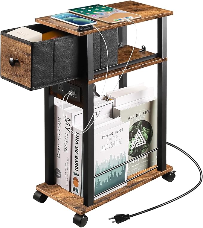 Side Table with Charging Station and Drawer, Narrow End Table with USB Ports by DGSANDGPuttheCustomerFirst