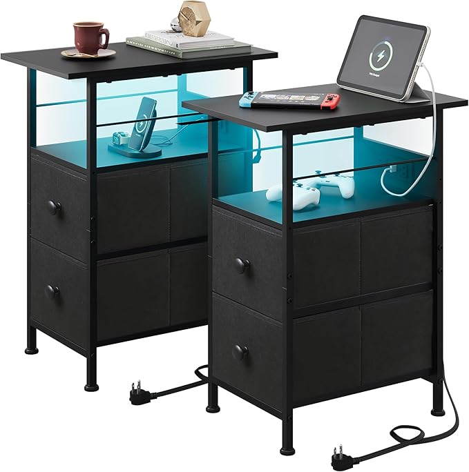 WLIVE Nightstand Set of 2 with Charging Station, End Table Sets with LED Lights by WLIVE