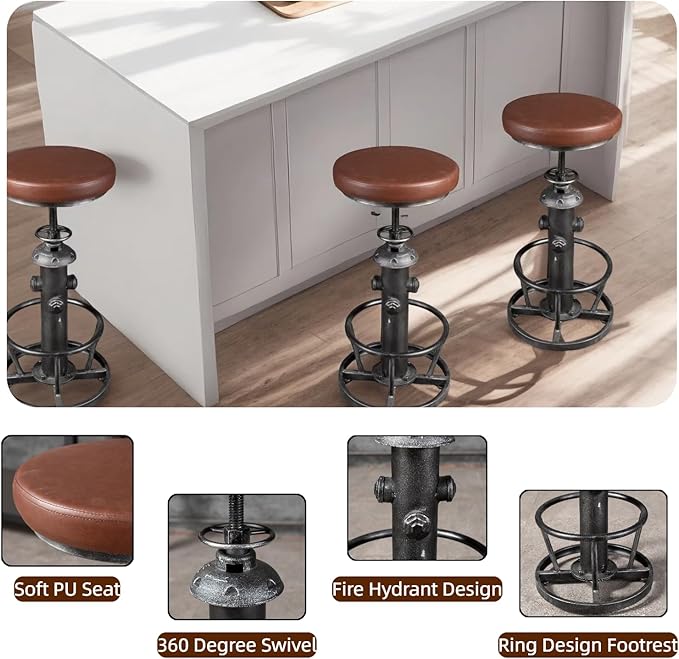 Industrial Swivel Bar Stools Kitchen Island Dining Chairs Pu Seat Bar Counter - Image 4