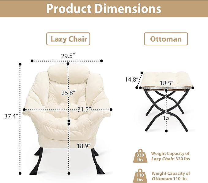 Lazy Chair with Folding Ottoman, Accent Chair Plush Upholstered with Metal - Image 3