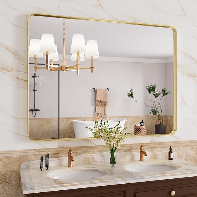 Gold Bathroom Mirror, 40x30 Inch Brushed Gold Metal Frame Mirror by JISOSO