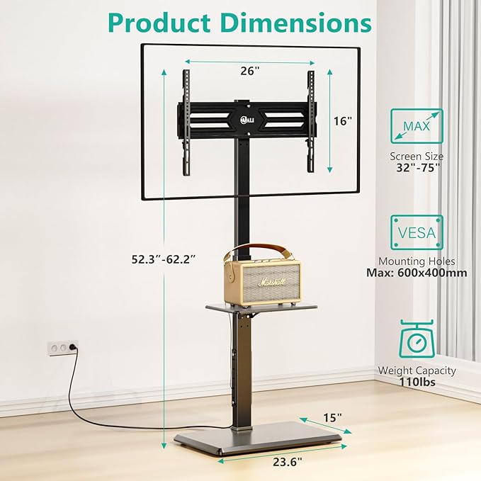 WALI Floor TV Stand with Power Outlet & AV Shelf, Tall TV Stand Mount - Image 5