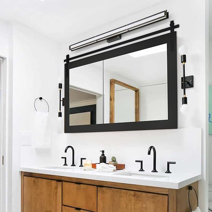 Black Farmhouse Mirror for Wall, 40x26INCH Large Wood Framed Square Bathroom - Image 8