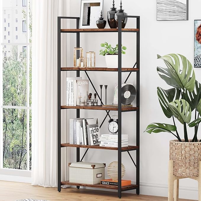 BON AUGURE Industrial Bookshelf, Etagere Bookcases and Book Shelves 5 Tier by BONAUGURE