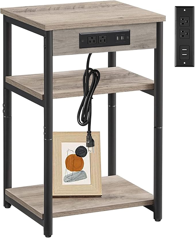 TUTOTAK End Table with Charging Station, Nightstand, 3-Tier Couch Side Table - Image 6