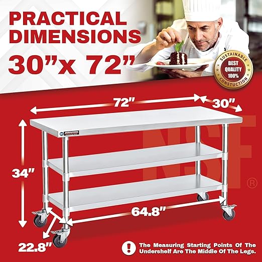 DuraSteel Stainless Steel Work Table 30" x 72" x 34" Height w/ 4 Caster Wheels - Image 2