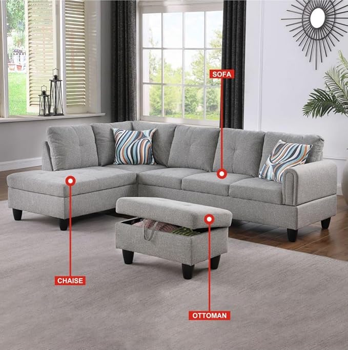 Grey-2 L-Shaped 3-Piece Linen Sofa - Image 3