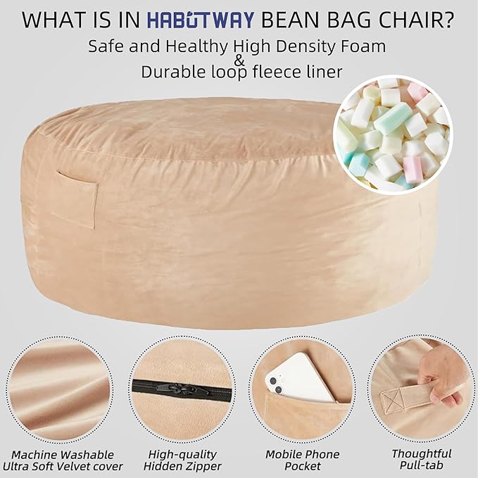 HABUTWAY Bean Bag Chair: Giant 5' Memory Foam Furniture Bean Bag Chair - 5Ft - Image 4