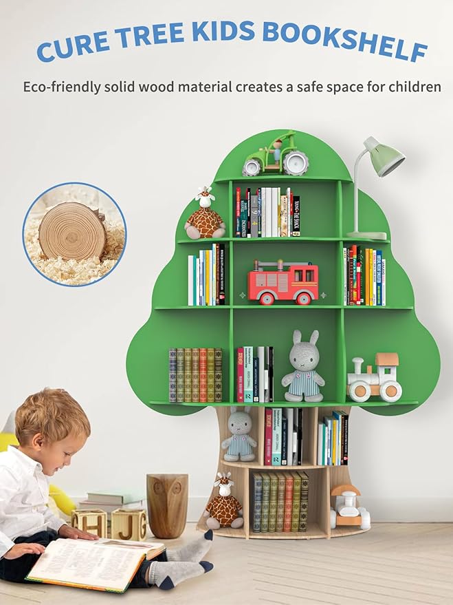 Tree Kids Bookshelf, Toddler Wood Bookcase, 16-Cubby Children Toy Storage - Image 3