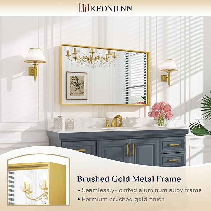 Keonjinn Gold Mirror for Bathroom 40 x 24 Inch Brushed Gold Mirror for Wall - Image 6