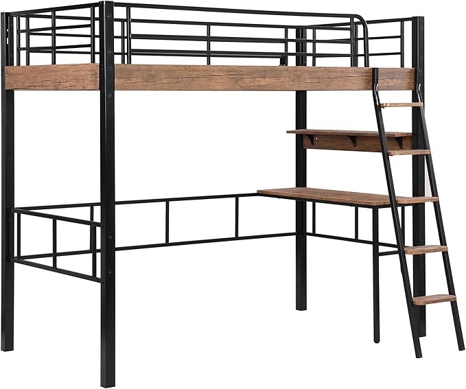 Metal Twin Size Loft Bed with Built-in Desk, Storage Shelf and Ladder, - Image 7