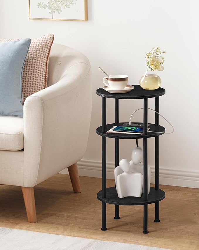 Small Round Side Table with Charging Station, 3-Tier Round End Table - Image 9