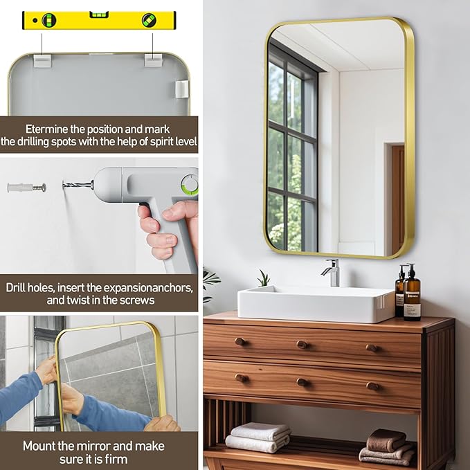 Matte Gold Mirror, 26x38 Inch Brushed Gold Mirror, Aluminum Alloy Framed Vanity - Image 6