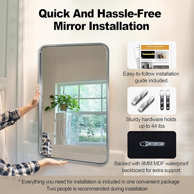 ANDY STAR 22x30'' Brushed Nickel Bathroom Mirror, Rounded Rectangle Brushed - Image 7