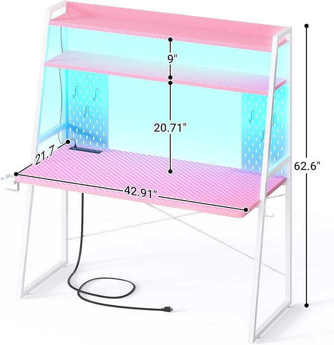 Small Gaming Desk with Hutch and LED Lights, Gaming Computer Desk with Power - Image 2