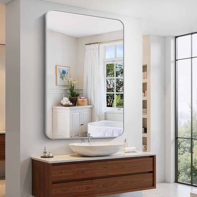 60x40 Inch Silver Bathroom Mirror, Large Rectangle Mirror, Metal Framed - Image 7