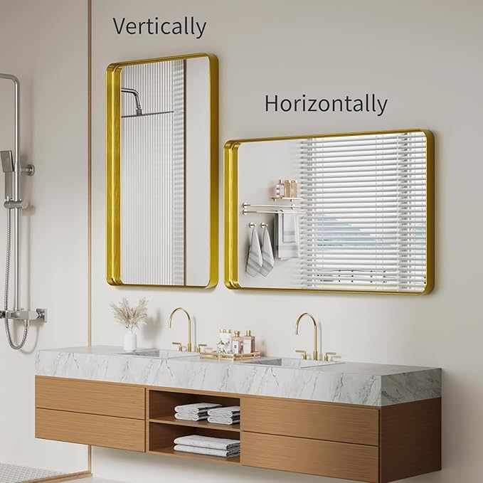 Koonmi Gold Wall Mirror for Bathroom, 30x48 Inch Matte Deep Framed Rounded - Image 6