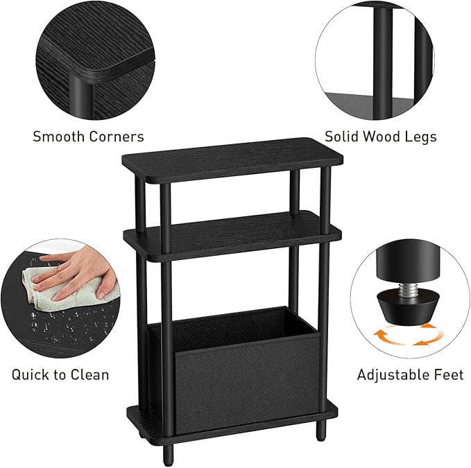 Narrow Side Table with Fabric Basket, 3 Tier Skinny End Table with Wood Legs - Image 6