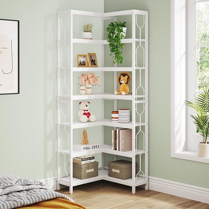 Tribesigns Corner Shelf, 7-Tier Industrial Corner Bookshelf, Wood and Metal - Image 5