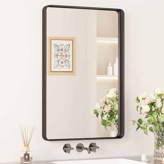 Keonjinn Black Bathroom Mirror, 20 x 30 Inch Rounded Rectangle Matte Black by Keonjinn