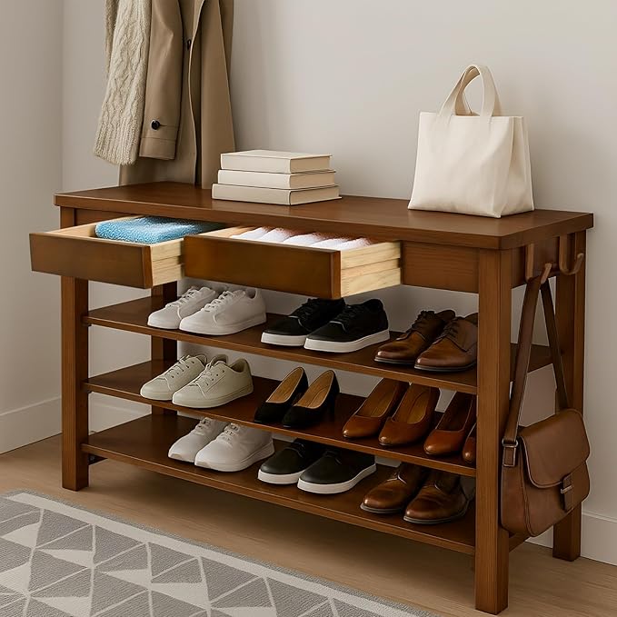 Wood Shoe Bench Entryway with Drawer: 3-Tiers Wooden Storage Shoe Rack with by Unknown