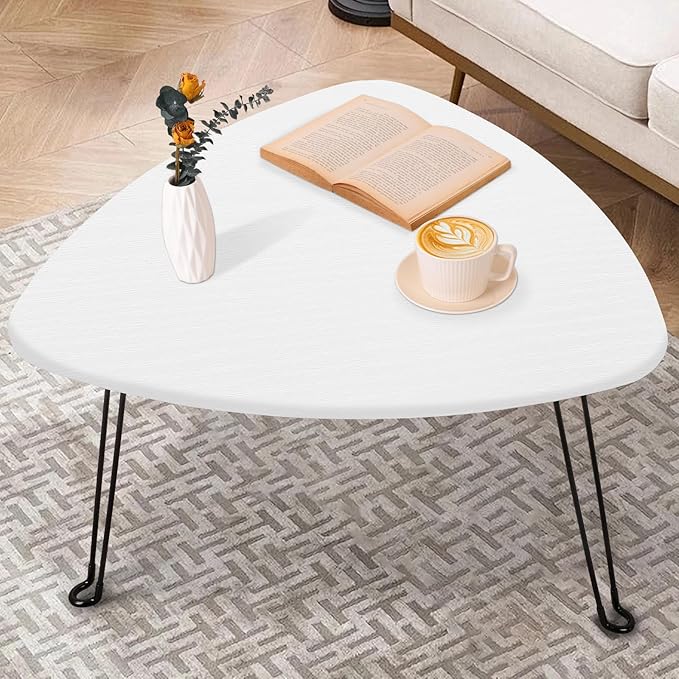 Coffee Table for Small Spaces White Folding Wooden Triangle Center Sofa Tables - Image 2