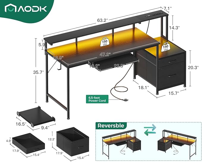 AODK Computer Desk with Drawers and Keyboard Tray, Reversible Study Work Desk - Image 3