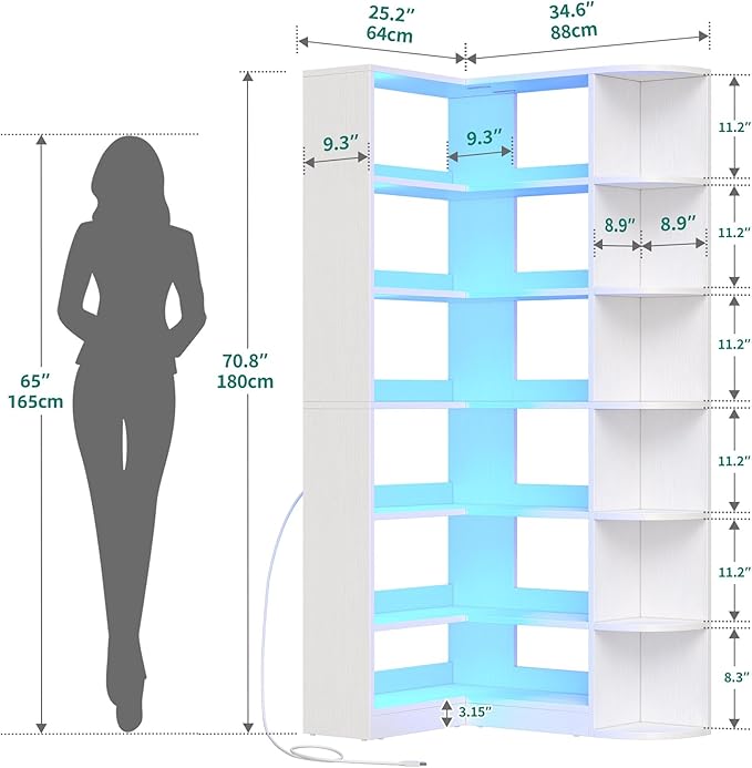 YITAHOME Corner Bookshelf with LED Light, 6 Tier Corner Shelf White Bookshelf - Image 2