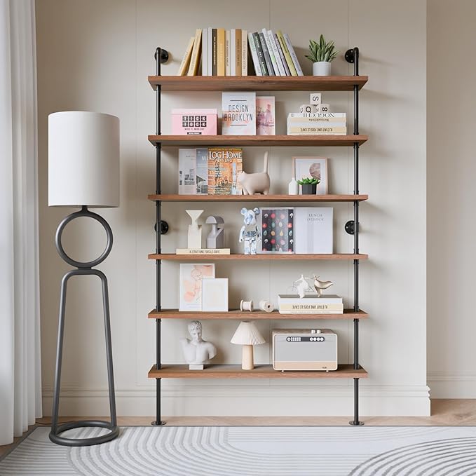 6 Tier Industrial Ladder Shelf Bookcase, Wall Mounted Rustic Bookshelf - Image 8
